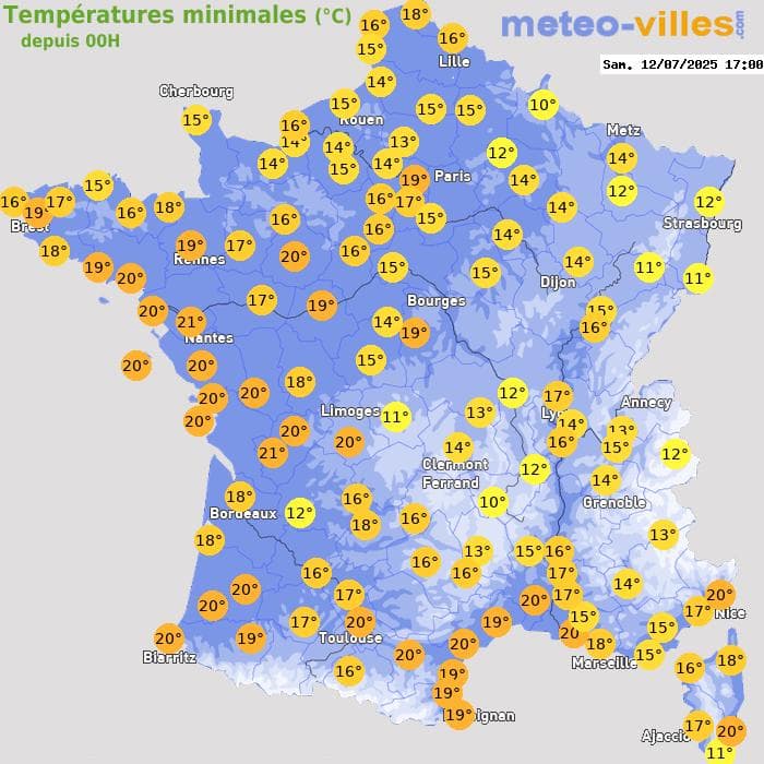 Températures minimales (°C) depuis 00h