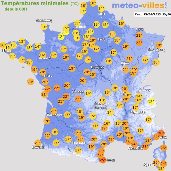 Températures minimales (°C) depuis 00h