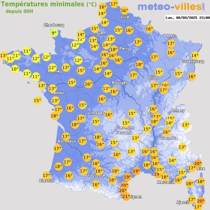 Températures minimales (°C) depuis 00h